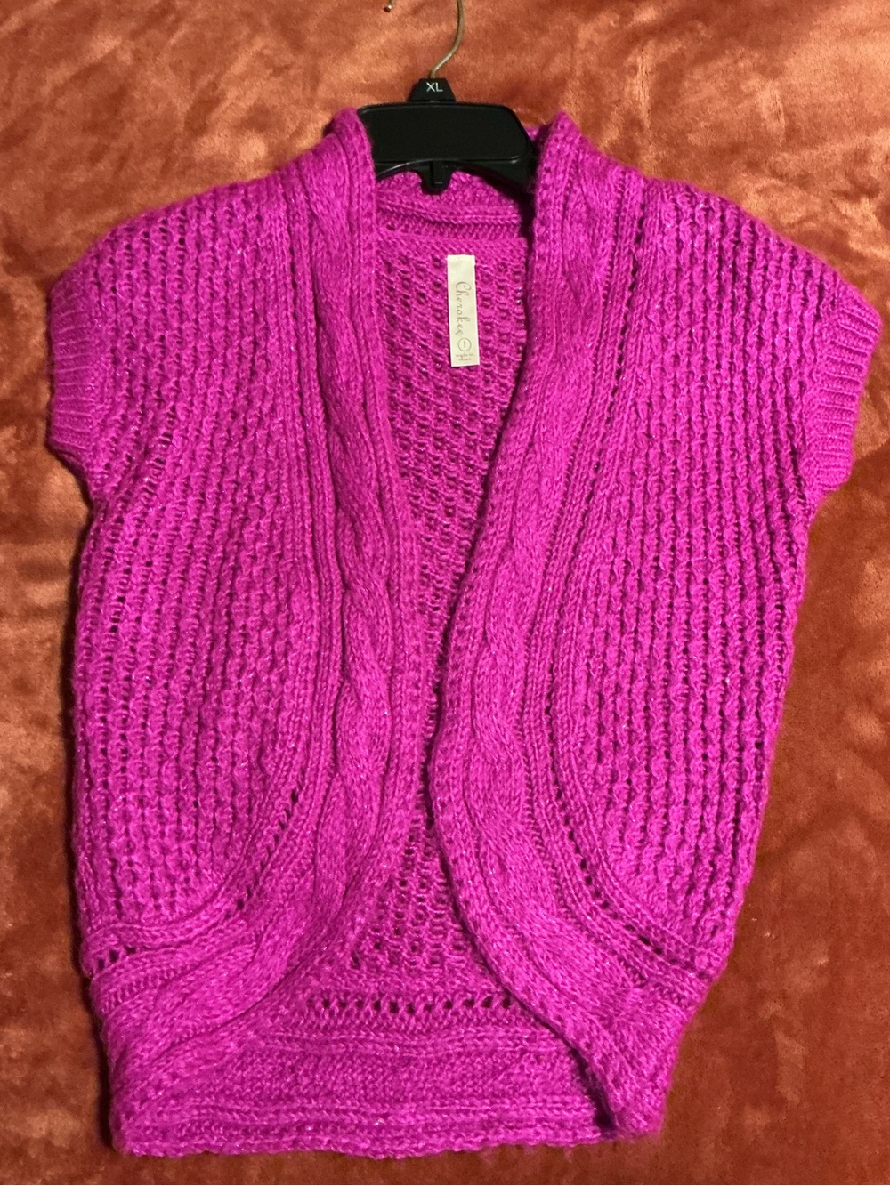 Cherokee Cable-Knit Short Sleeve Shrug in Hot Pink